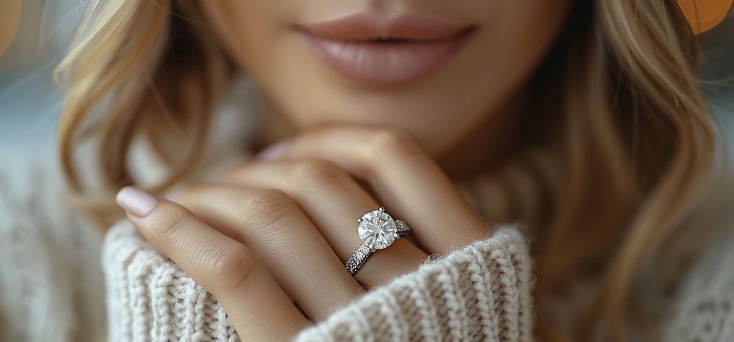 Elegant woman wearing diamond ring. Beautiful jewelry and accessory business banner concept.
